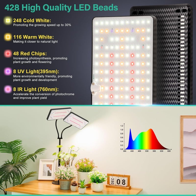 LBW Upgraded Desk Grow Lights for Indoor Plants, Dual-Head 428 LED Tabletop Full Spectrum Grow Light, with 3/6/12H Timer, 6 Brightness Levels, 3 Lighting Modes, Height Adjustable for 10-26 inches - Image 3
